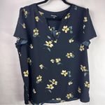 Hilary Radley Navy Floral Blouse, Yellow Flowers, Polyester, Flutter Sleeve Top Photo 2