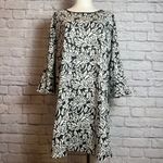 Madison Black White Floral Shift Dress Faux Leather Trim Women's Large Photo 1