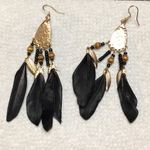 Natural Feather Earrings in Black & Gold Long Drop Bird Feather Aztec Earrings Photo 1