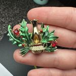 BJ Christmas Candle Red Rhinestone Holly Green Enamel Gold Tone Brooch Pin Photo 0