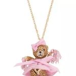Betsey Johnson Cheerleader Necklace Gold Tone Pink Bear Crystal Pom Poms Movable Photo 1