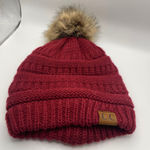 CC Beanie Women's Red Knit Winter Hat Pom Pom Fleece Lined Warm Cozy Photo 0