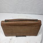 Antique Tooled Leather Clutch Handbag Brown Gold Taffeta Kiss Lock Handle Purse Photo 4