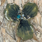 Vintage Enamel Orchid Brooch with Rhinestone Accents Green Photo 0