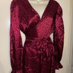 SheIn Woman’s Wrap Burgundy Red Satin Leopard animals print long sleeve Dress ~ NWTS Photo 6
