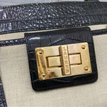 Ralph Lauren Lauren Black Croc Leather Beige Canvas Gold Turnlock Shoulder Bag Photo 13