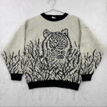 Vintage 80s Tiger Sweater Novelty Big Cats Black Cream Mobwife Made in the USA Size L Photo 2