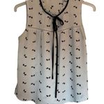 E & M  Black White Bow Print Sleeveless Tie Front Blouse Size Medium Photo 0