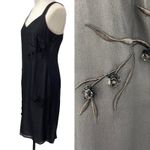 Vintage 90s Silk Mini Dress Beaded Embroidered Floral V Neck Sleeveless Black S Photo 1