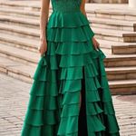 Emerald green strapless maxi dress with ruffles from Stacees. *Pictures 4 and 5 were before being hemmed. For reference I am 5’3 and normally size 4 Photo 5