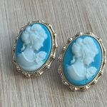 Anthropologie 18k Gold Plated Cornflower Blue Cameo Oversized Earrings With Backings Photo 1