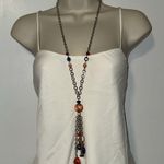 kim rogers Long Station & Tassel Necklace Silver Tone w Orange & Blue Beads Photo 0