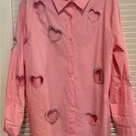 Pink Heart Cutout Rhinestone Embellished Long Sleeve Button Photo 1