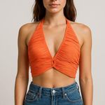 Sincerely Jules Orange Crinkle Pleated Halter Crop Top Ruched Boho Coastal L Size L Photo 0