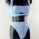 Cupshe Sporty Lace-Up Back Bikini Bralette Mid-Rise Bottoms Set Blue Large Photo 7