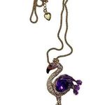Betsey Johnson 17"+ 2" Purple Rhinestone Flamingo Long Goldtone Chain Necklace Photo 0