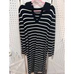 Striped Knit Collared V Neck Midi Sweater Dress Black White Long Sleeve Size L Photo 2