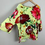 Jams World  Top Women Large Green Flower Joy Floral Crinkle Bold 3/4 Flare Sleeve Photo 4