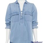 SO  juniors size small lace up LE shirt v neck cuffed sleeves round hem twill NWT Photo 1