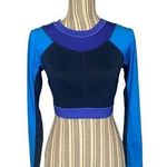 Joy Lab Blue Multi-Color Block Athletic Cut Out Long Sleeve Crop Top Women SZ S Photo 0