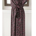 Miami Tie Front Faux Wrap Floral Maxi Dress w/Short Sleeves, Black Pink Size L Photo 2