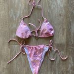 Iridescent holo snakeskin baby pink heart cut out bikini top bottom M NEW Size M Photo 0