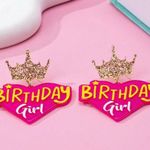 👑👑👑3 for 12$👑👑👑Pink Birthday Girl Earrings with Gold Glitter Crown Pink Photo 2