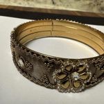 Indian Style Gold Tone Flower Mesh Bead & Rhinestone Bangle Bracelet 7 3/4 Inch Photo 1