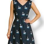 Retro Navy Blue Swan Print Sleeveless Fit and Flare Dress Bow Detail V Neckline Photo 0