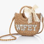 Straw Wifey Bag with Lace Bow Tan Photo 3
