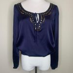 Cache Blue Silk Brass Studded Blouse Sz Medium Photo 0