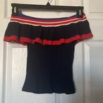 Bershka  | Off Shoulder Flutter Top XS Navy Blue Red Ribbed Shirt Photo 2