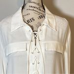 LULUS SILKY IVORY LONG SLEEVE TIE FRONT TOP SEMI SHEER 6” SLITS ON SIDES Sz. XL Photo 2