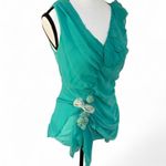 Lulumari y2k Teal Aqua Blouse Top Ruffle Detail Floral Applique Party top Small EUC Photo 3