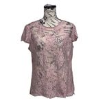 Pink Sheer Mesh Lace Blouse Women’s L Short Sleeve Romantic Coquette Cottegecore Size L Photo 1