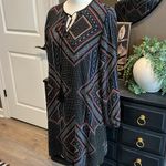 STYLE LONDON Black Print Keyhole Long Sleeve Shift Dress Size Large Photo 5
