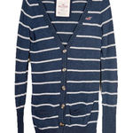 Hollister Women's Striped Y2K Cardigan Sweater M Navy Blue White Rabbit Hair Photo 0
