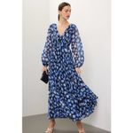 Monique Lhuillier Dress Women 14 Blue Black Melanie V Neck Chiffon Sleeveless Photo 1