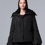 Vera Wang Simply Vera Puffer Jacket Faux Fur Collar Hood Black Medium Balloon Sleeve Photo 0