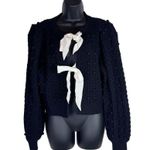 Alice + Olivia  Black Kitty Cardigan Chunky Knit Sweater Cream White Bows Large Photo 0