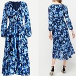 J.Crew Blue Floral Long Sleeve Ruffle Collar Midi Dress Size 6 Photo 1