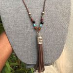 Y2K Boho Hippie Indie Fairy Brown Faux leather fringe tassel necklace silver owl pendant charm beaded #western #whimsygoth #cottagecore Measurement pictured Multiple Photo 1