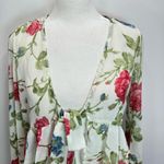 Peach Love California Sheer Floral Ruffle Hem Long Sleeve Tie Front Shrug Small Photo 3