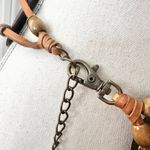 Vintage Unmarked Leather Double Strap Wooden Carved Medallion Disc Waist Belt OS Brown Photo 3