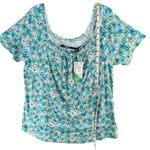 Lands End Top Womens L Island Aqua Blue Floral Smocked Square Neck Feminine Size L Photo 7