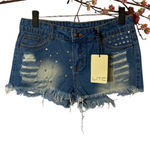 Litz  Blue Cut Off Fringe Distressed Jeweled Casual Denim Jean Shorts Sz M Photo 0