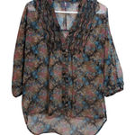 I Jeans By Buffalo Dark Floral Boho Sheer Ruffle Button Up Top Size Small Green Photo 0