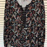 Idyllwind  Floral Crochet Long Sleeve Blouse Size L Lace Up Boho Black/Burg Flowy Photo 0