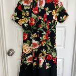 Ross Elegant Black A Line Knee Length Satin Dress Red White and Yellow Floral Pattern Photo 1