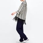 ZARA Ecru Black Stripe Rustic Fringe Tassel Trim Boho Open Front Kimono Size S Photo 3
